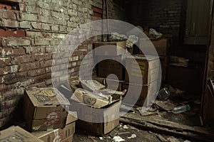 Abandoned warehouse interior with debris and boxes