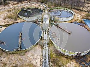 Abandoned water treatment plant, primary settling tanks, drone air photography