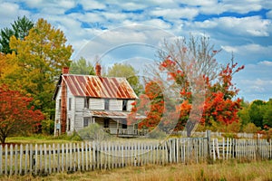 An abandoned and weathered house featuring a rusted tin roof and a well-maintained white picket fence in the foreground, Old farm