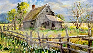 Abandoned weathered wooden farm house overgrown with weathered wooden fence in foreground