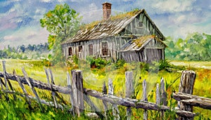 Abandoned weathered wooden farm house overgrown with weathered wooden fence in foreground