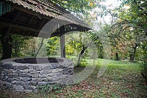 Abandoned well in the forest. Waiting for a terrible girl with a long hair. Halloween concept. Selective focus