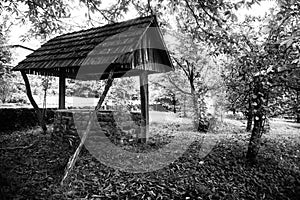 Abandoned well in the forest. Waiting for a terrible girl with a long hair. Halloween concept. Selective focus