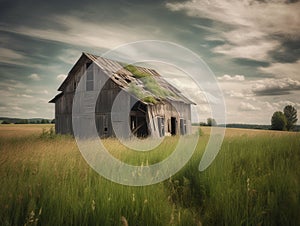 Abandoned Wooden Barn in a Grassy Field