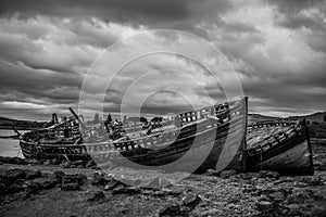 Abandoned Wooden boats wreckage