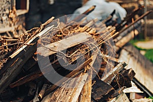 Abandoned wooden building, a ruin built of wood planks, destroyed, collapsed property