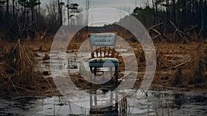 Abandoned Wooden Chair In Dark Aquamarine Swamp