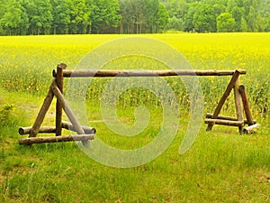 Abandoned wooden gate in the spring yellow field