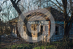 Abandoned wooden house in a dead village in the Chernobyl exclusion zone