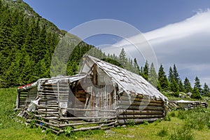 Abandoned wooden sheepfold in Carpathians mountains