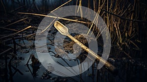 Abandoned Wooden Shovel In Muddy Swamp - Backlit Photography