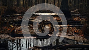 Abandoned Wooden Table In Haunting Forest Puddle