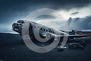 Abandoned wreck of an old military plane in Iceland. Toned, An abandoned airplane rests solemnly on a desolate black sand beach,