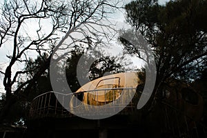 An abandoned yellow UFO house near tall trees in the evening in Wanli UFO Village, Taiwan photo