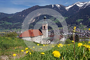 Abbey Fiecht, Austria. View to abbey and church with alps in the background.