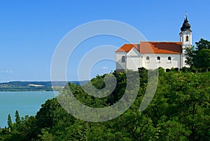 Abbey in Tihany with lake Balaton photo