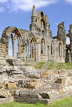 Abbey of whitby against blue sky, yorkshire, england