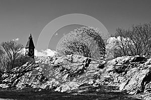 Abbot Hall peeking out from the rocks and shrubs