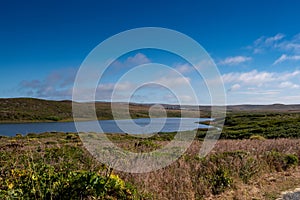 Abbotts Lagoon viewed from a distance on a bllue sky day