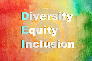 Abbreviation DEI - Diversity, Equity, Inclusion on color background