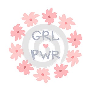 Abbreviation Grl Pwr with heart in round floral frame. Drawn by hand with rough brush.