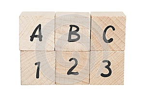 ABC 123 Arranged Using Wooden Blocks.