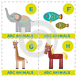 ABC alphabet for kids. Set of funny elephant fish giraffe horse cartoon animals character. Cards for the game. Zoo isolated on whi