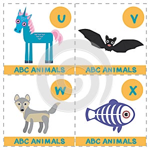 ABC alphabet for kids. Set of funny X-ray fish wolf bat unicorn cartoon animals character. Cards for the game. Zoo isolated on whi