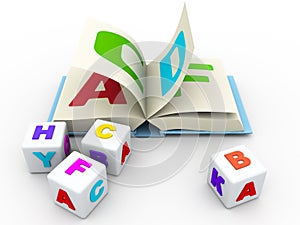 Abc book and blocks on the white background
