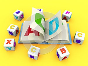Abc book and blocks on the yellow background