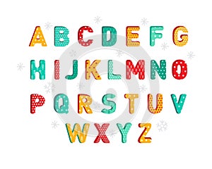 ABC. Colorful New year or Christmas alphabet isolated on White background. 3D letters in children`s holiday style