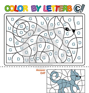 ABC Coloring Book for children. Color by letters. Learning the capital letters of the alphabet. Puzzle for children. Letter C. Cat