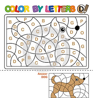 ABC Coloring Book for children. Color by letters. Learning the capital letters of the alphabet. Puzzle for children. Letter D. Dog