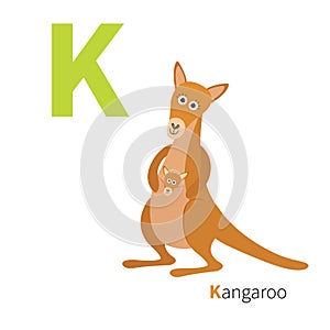 ABC english alphabet. Letter K. Kangaroo mom with baby in the pocket pouch. Cute cartoon character. Australia marsupial animal. Ed