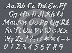 ABC English alphabet on transparent background. Uppercase and lowercase letters written in chalk