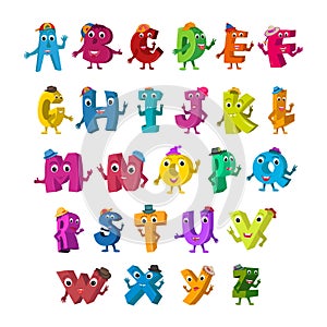 ABC Funny Alphabet Characters. Alive Letters with hats design color set.