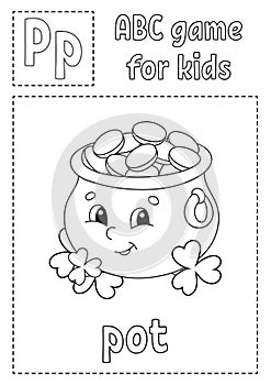 ABC game for kids. Alphabet coloring page. Cartoon character. Word and letter. St. Patrick`s day. Vector illustration