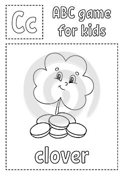 ABC game for kids. Alphabet coloring page. Cartoon character. Word and letter. St. Patrick`s day. Vector illustration
