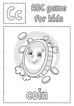 ABC game for kids. Alphabet coloring page. Cartoon character. Word and letter. St. Patrick`s day. Vector illustration