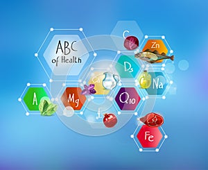 ABC of Health. Minerals and vitamins for human health and food. Abstract scheme