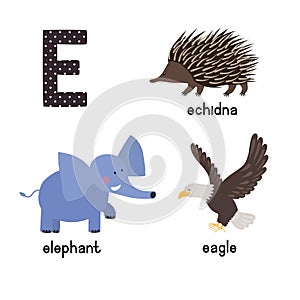 ABC letter E funny kid icons set: eagle, echidna, elephant.