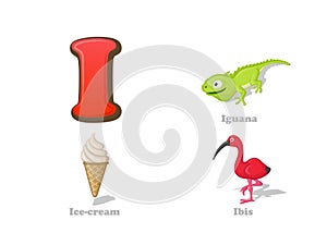 ABC letter I funny kid icons set: iguana, ice cream, ibis