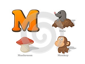 ABC letter M funny kid icons set: mole, mushroom, monkey. Alph