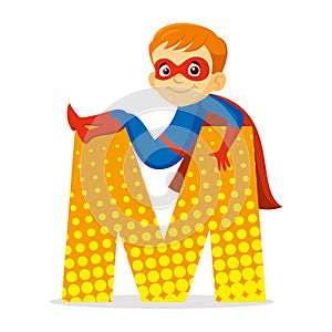 ABC Letter M Superhero Boy Cartoon character Vector illustration