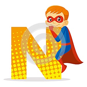 ABC Letter N Superhero Boy Cartoon character Vector illustration