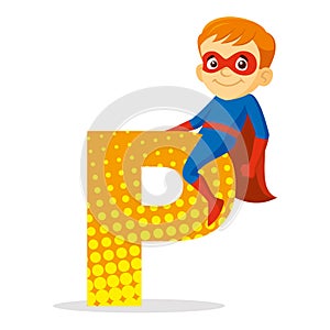 ABC Letter P Superhero Boy Cartoon character Vector illustration