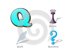 ABC letter Q funny kid icons set: queen, quill, question. Alp