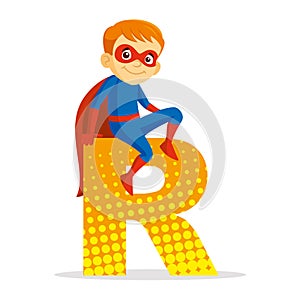 ABC Letter R Superhero Boy Cartoon character Vector illustration