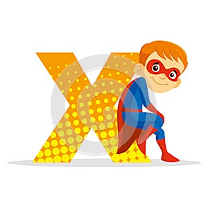 ABC Letter X Superhero Boy Cartoon character Vector illustration