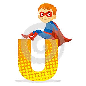 ABC Letter U Superhero Boy Cartoon character Vector illustration